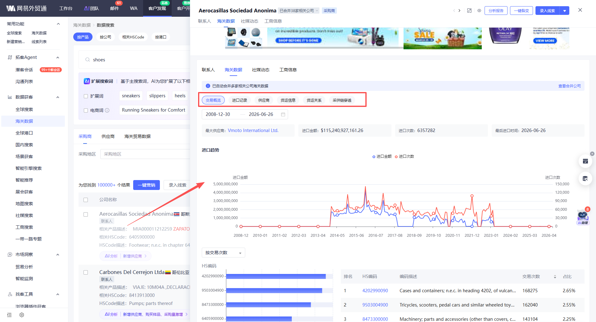 网易外贸通海关数据买家采购记录查询界面